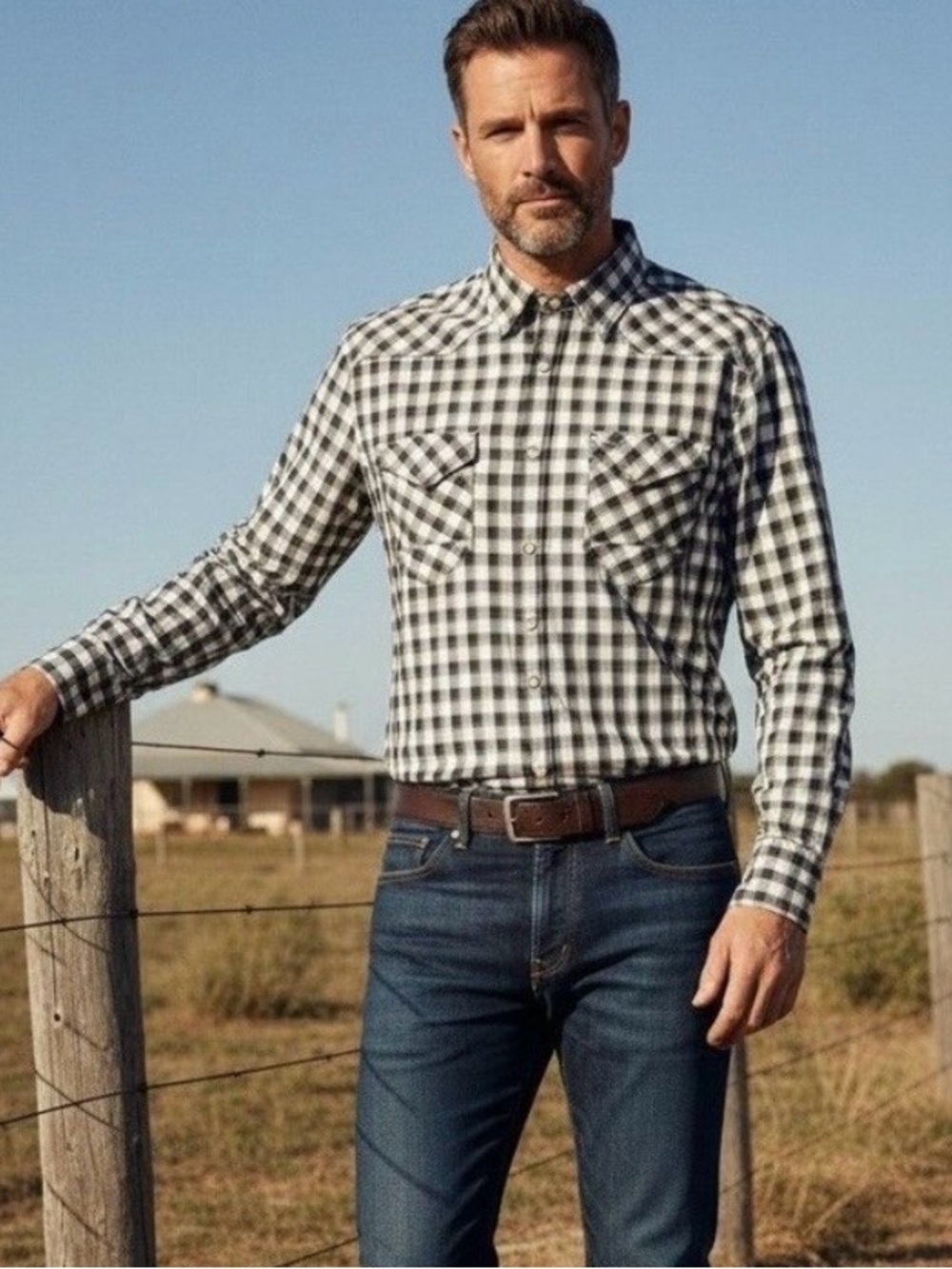 R.M. Williams Western Snap Shirt Men’s Large Grey White Gingham NWOT